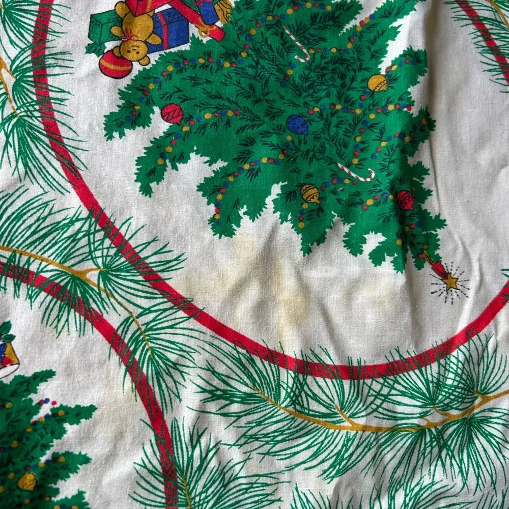 Red Fringe Holiday Table cloth round vintage 56 inches diameter Christmas tree